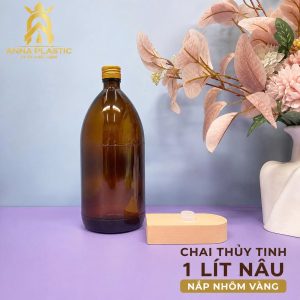 CHAI THỦY TINH 1 LÍT NÂU NẮP NHÔM VÀNG