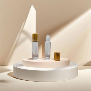 Chai bi lăn 10ml trong suốt nắp xi vàng sọc, chai bi lăn thủy tinh