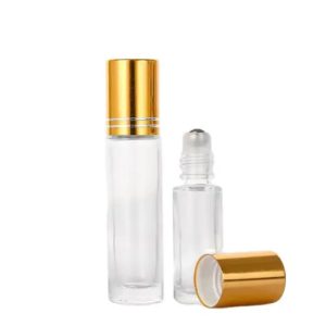 Chai bi lăn 10ml trong suốt nắp xi vàng sọc, chai bi lăn thủy tinh
