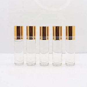 Chai bi lăn 10ml trong suốt nắp xi vàng sọc, chai bi lăn thủy tinh