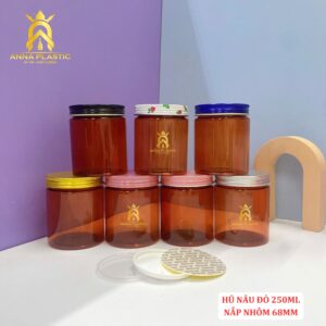 HŨ PET TRÒN NÂU ĐỎ 250ML ĐƯỜNG KÍNH 68MM NẮP NHỰA/ NẮP NHÔM/ NẮP VÂN GỖ - Ảnh 4